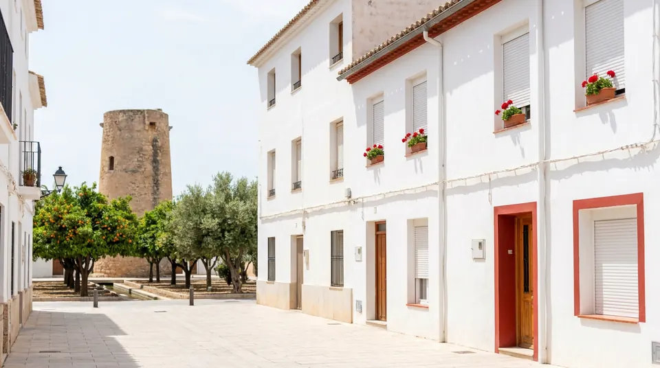 Casas blancas con persianas enrollables y una torre de piedra entre naranjos