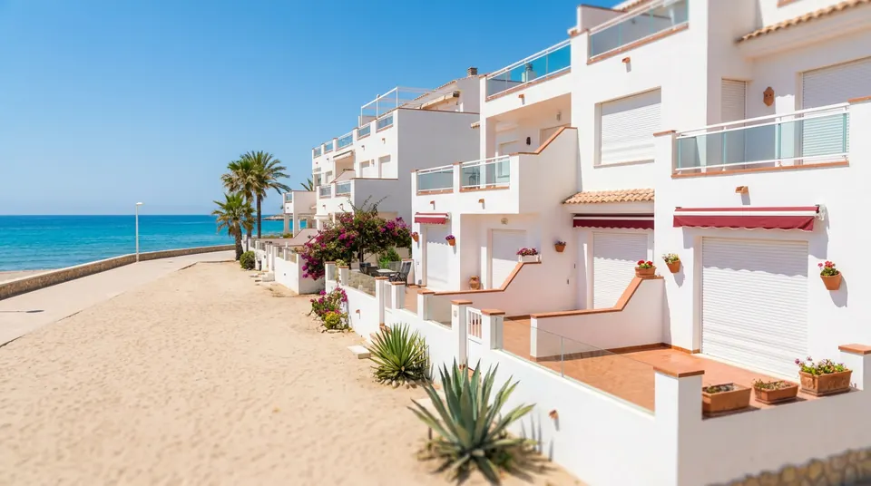 Apartamentos blancos con terrazas y persianas enrollables frente a la playa