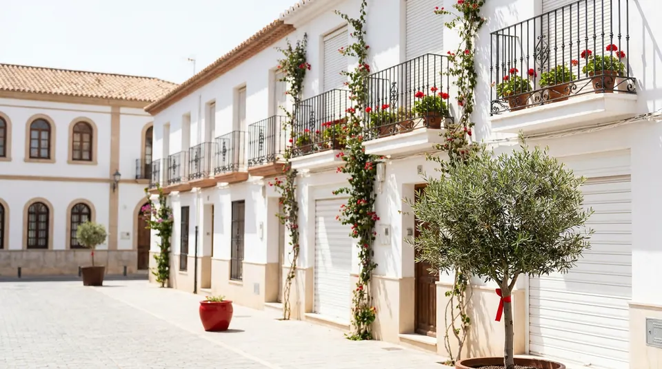 Calle de casas blancas con balcones de forja, macetas y persianas enrollables