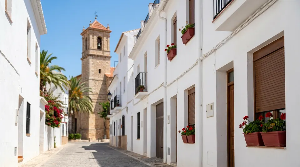 Calle empedrada de casas blancas con persianas de madera y un campanario al fondo