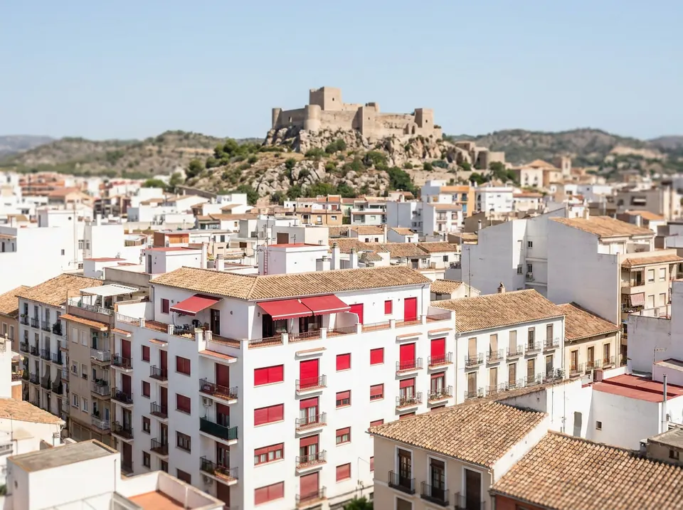 Bloques de viviendas con persianas y toldos, con un castillo sobre el cerro al fondo